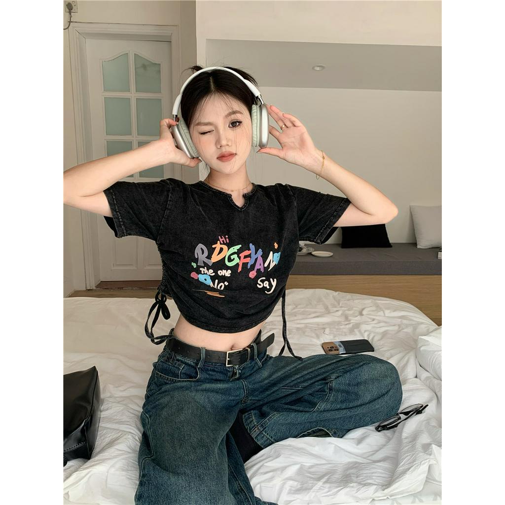 64189 Áo Thun Dây Rút Ngắn Phong Cách Đau Khổ