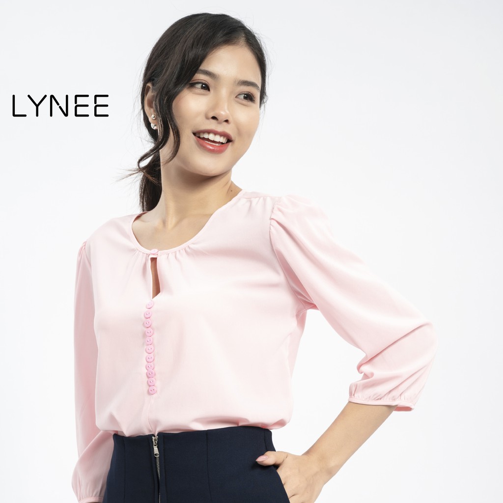 Áo sơ mi nữ kiểu bánh bèo LYNEE áo kiểu cổ tròn nút giả tay lỡ nhúm thun - A16