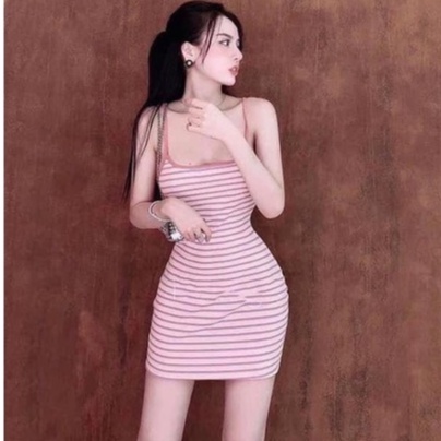 [ MI JOON ] đầm váy body nữ 2 dây chéo lưng chất sọc gân dày dặn co giãn thoải mái D234 | BigBuy360 - bigbuy360.vn