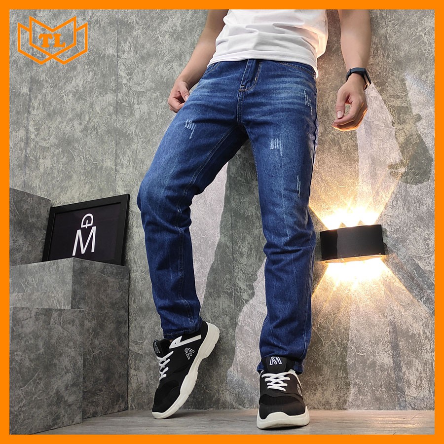 Quần jean nam xanh đậm cào rách vải không co giãn TL156 Shop Thành Long