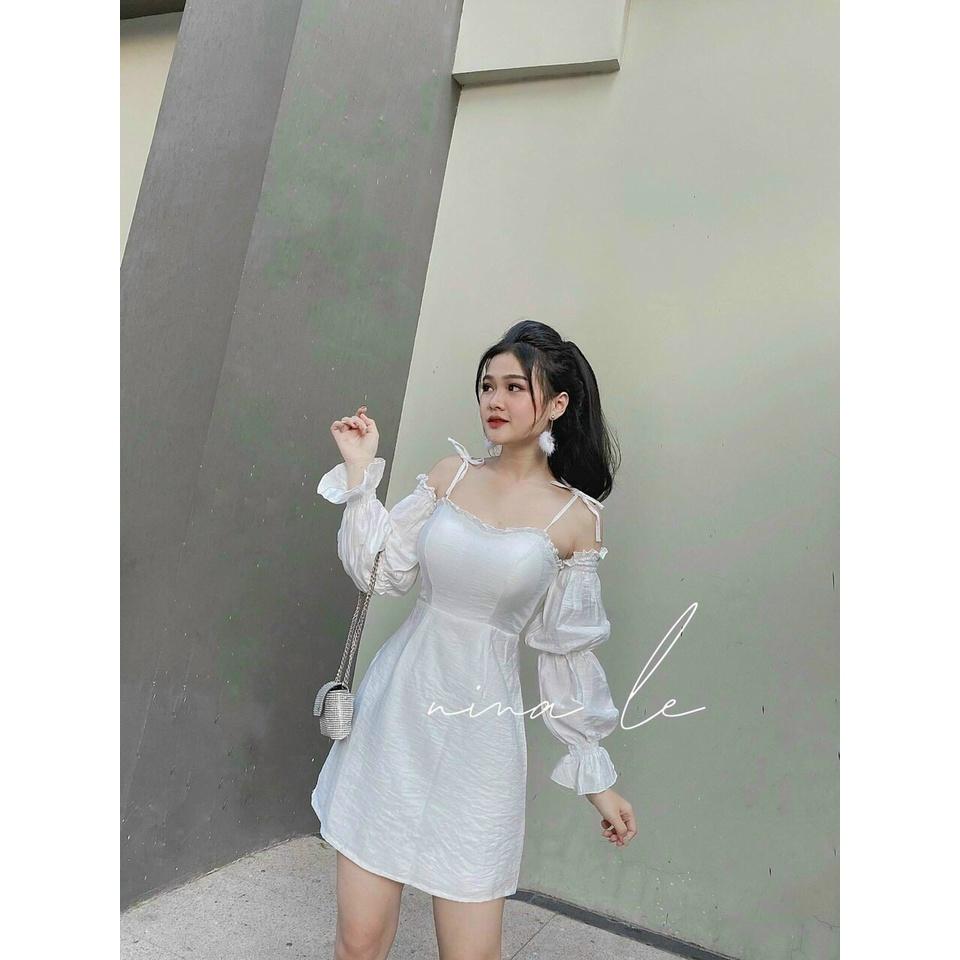 Đầm trễ vai tay nhún cột nơ vai (có sẵn mút) 2 màu đen và trắng