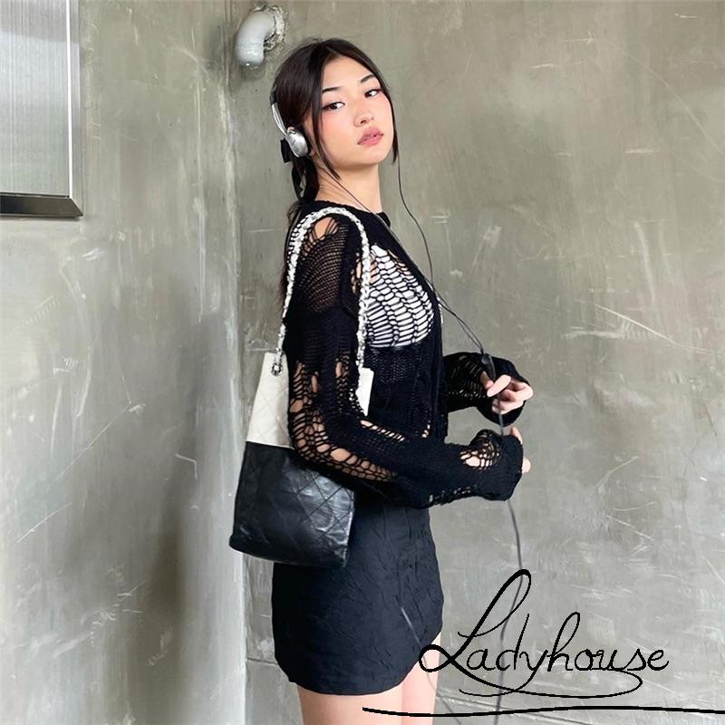 Áo Croptop Dệt Kim Tay Dài Cổ Tròn Màu Sắc Đơn Giản Cho Nữ