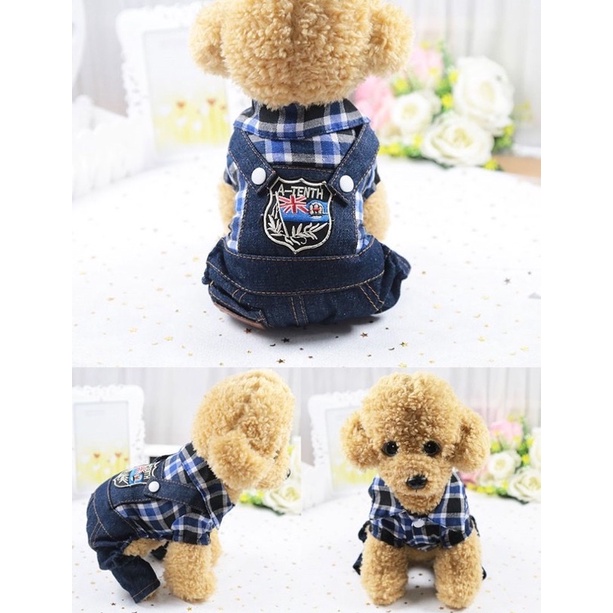 Quần áo thú cưng - quần yếm jeans dạng liền phối áo sọc caro phong cách năng động xì tin cho chó mèo