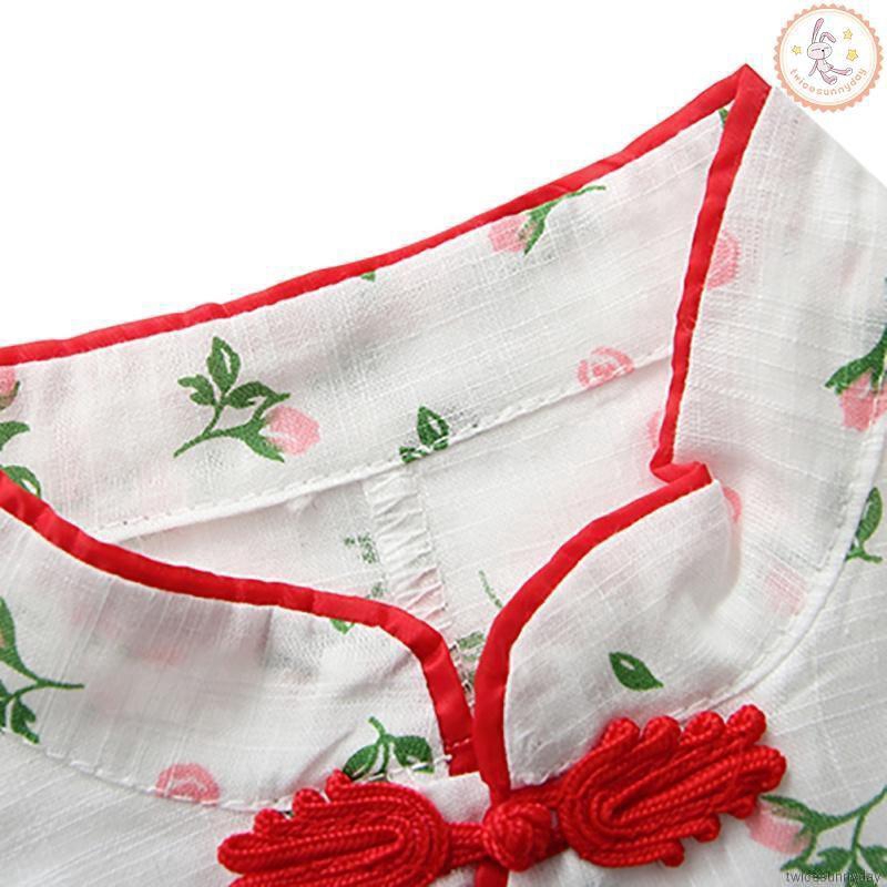 Đầm ngắn tay in hoa phong cách Trung Quốc cho bé gái