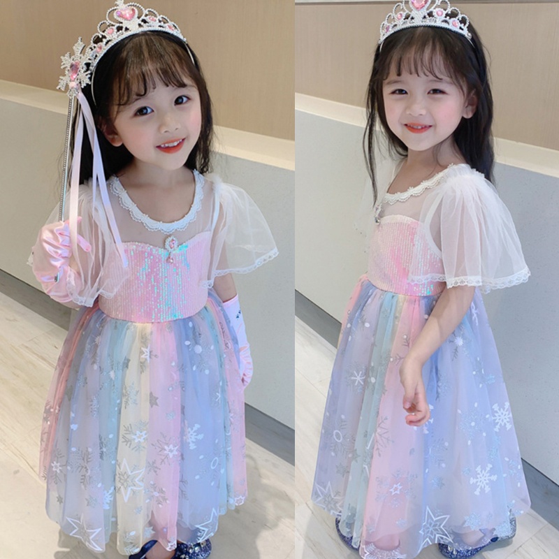 Đầm Công Chúa Tay Ngắn Đính Kim Sa Lấp Lánh Màu Cầu Vồng Xinh Xắn Cho Bé Gái