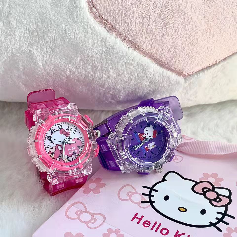 Đồng hồ trẻ em Elsa, Hello Kitty đeo tay có đèn LED phát sáng cho bé gái từ 1-10 tuổi dễ thương