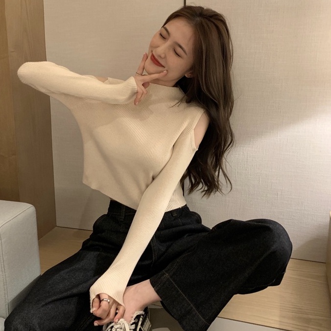 Áo dệt kim Xiaozhainv tay dài trễ vai thời trang Hàn Quốc cho nữ