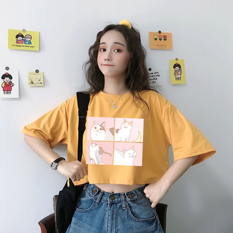 Áo Thun Crotop Form Rộng Tay Ngắn Chất Cotton Mền Mại In Hình Chú Mèo Đáng Yêu Ulzzang Style Hàn Quốc TTT0131