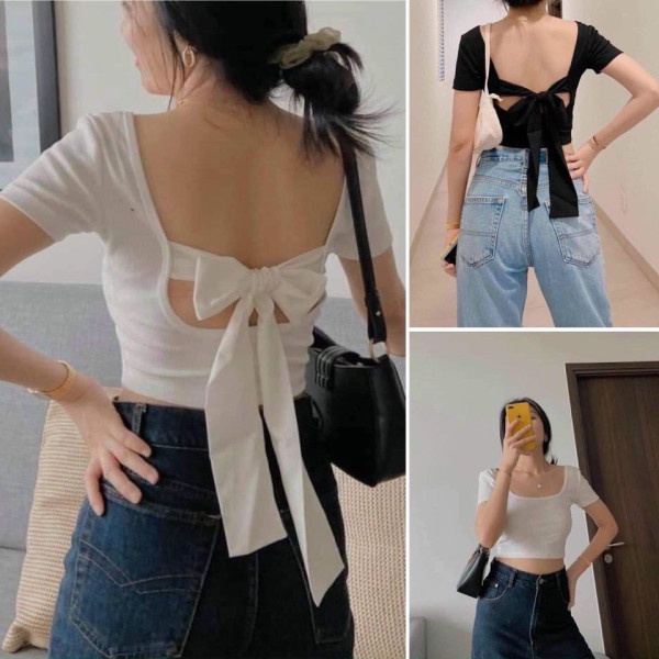 Croptop phối nơ lưng nữ - Áo cộc tay cổ vuông crt phối nơ ulzzang tiểu thư
