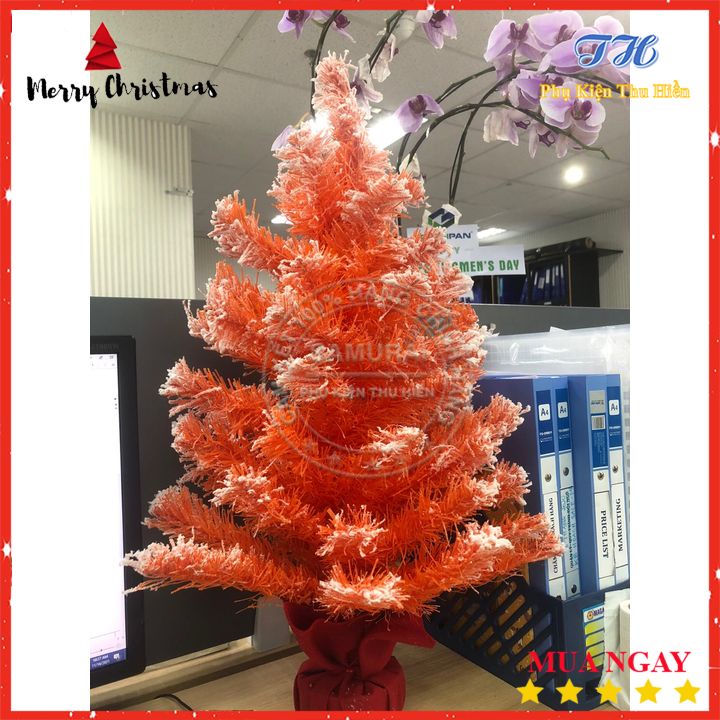 Cây Thông Noel Để Bàn Mini 60cm Màu Hồng Cam Phủ Tuyểt Đế Bọc Vải Đỏ Trang Trí Giáng Sinh
