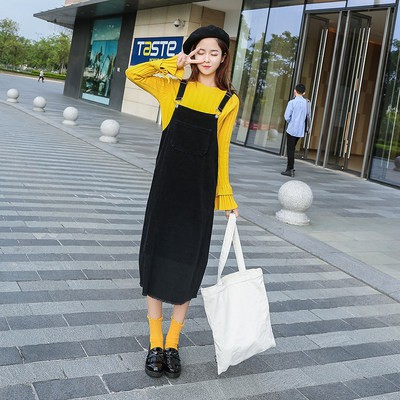 Váy Yếm Vải Nhung Màu Đen Kiểu mới phong cách Hàn Quốc mùa thu và mùa đông 2020 váy liền yếm nữ dáng dài dễ phối đồ