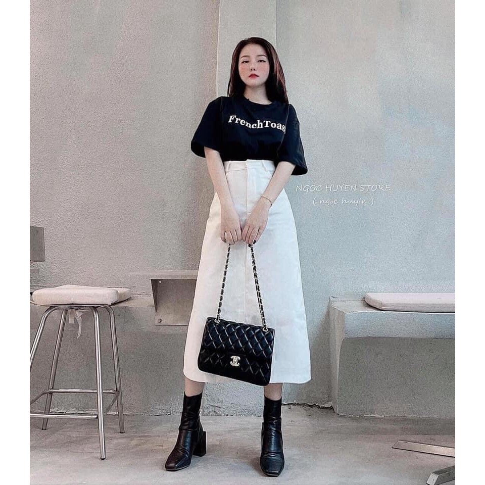 Set bộ nữ áo phông cộc tay FRENCH phối chân váy kaki chữ A dáng dài/ Chân váy suông kèm áo thun tay lỡ dáng rộng unisex | BigBuy360 - bigbuy360.vn