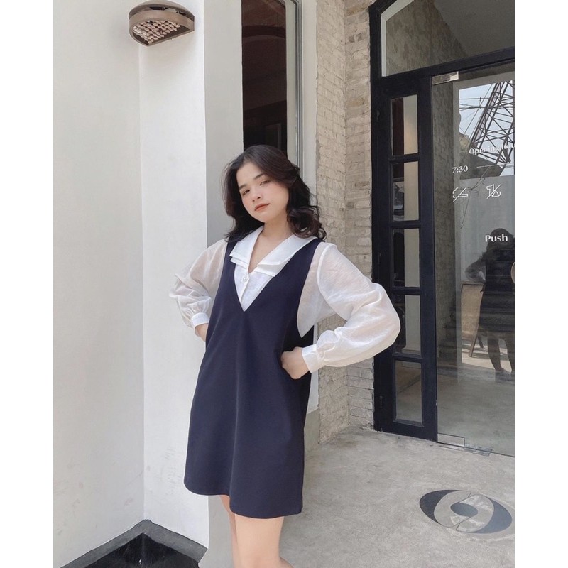 SET YẾM SUÔNG XANH NAVY KÈM SOMI CỔ NHỌN 2 LỚP