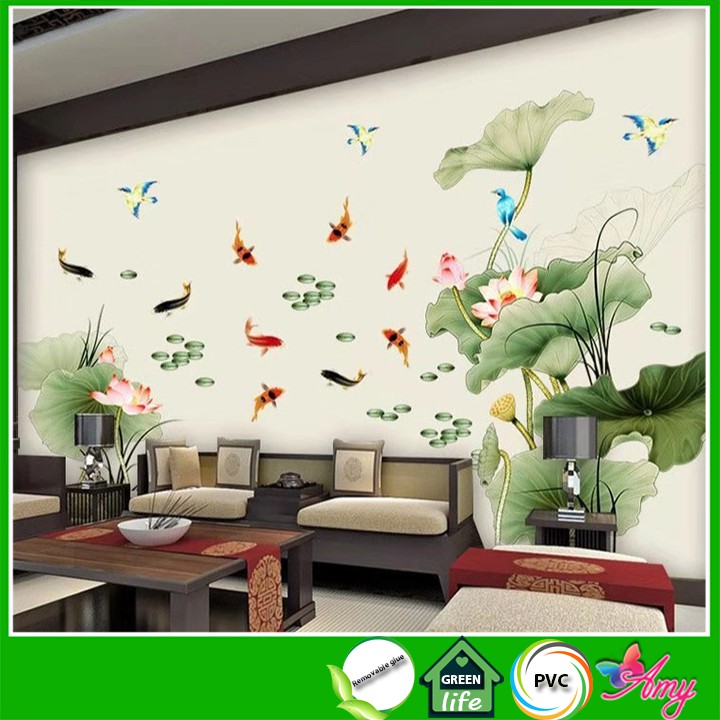 [ Best seller] Decal dán tường Đầm sen và cá chép Amy - Decal cao cấp Free ship 50k