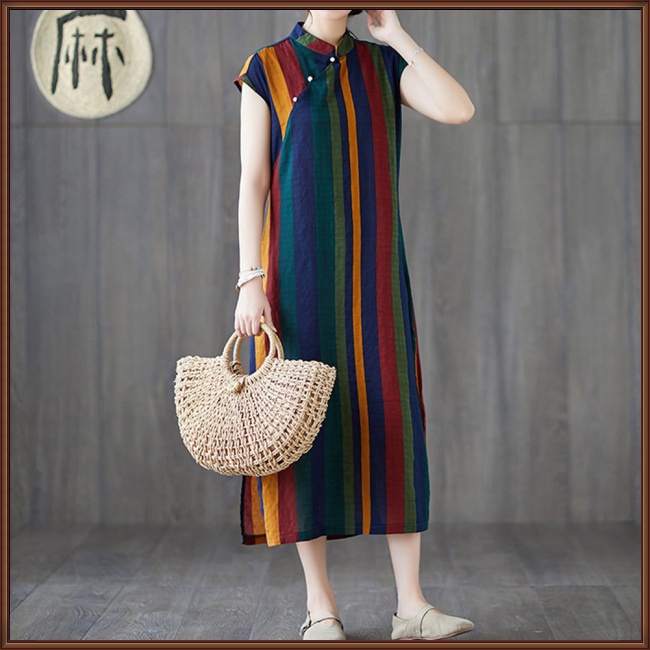 Đầm Sườn Xám Không Tay Cổ Đứng Chất Liệu Cotton Lanh Thoáng Khí Thoải Mái Họa Tiết Kẻ Sọc Cổ Điển Cho Nữ