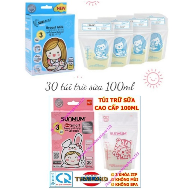 Hộp 30 túi trữ sữa mẹ 100ml không BPA Sunmum Thái Lan -SM
