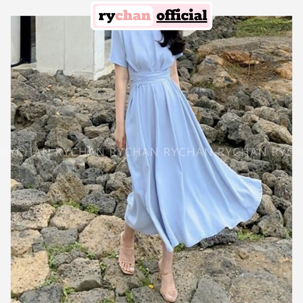 [ẢNH THẬT CUỐI] Đầm Nữ Đi Du Lịch Dáng Xòe Cổ Tròn Tay Ngắn Chéo Eo Đơn Giản Thoải Mái Màu Xanh Biển - DX9923