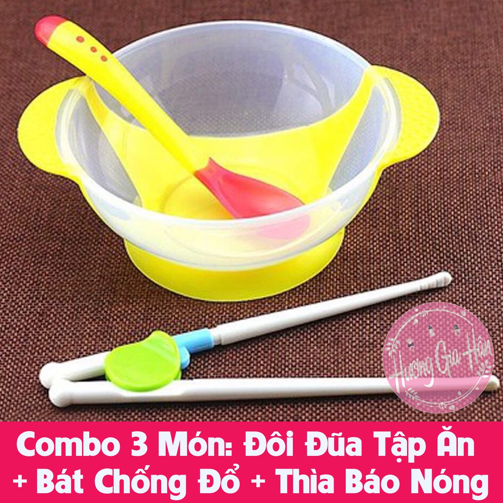 Combo 3 Món: Đôi Đũa Tập Ăn + Bát Chống Đổ + Thìa Báo Nóng Cho Bé