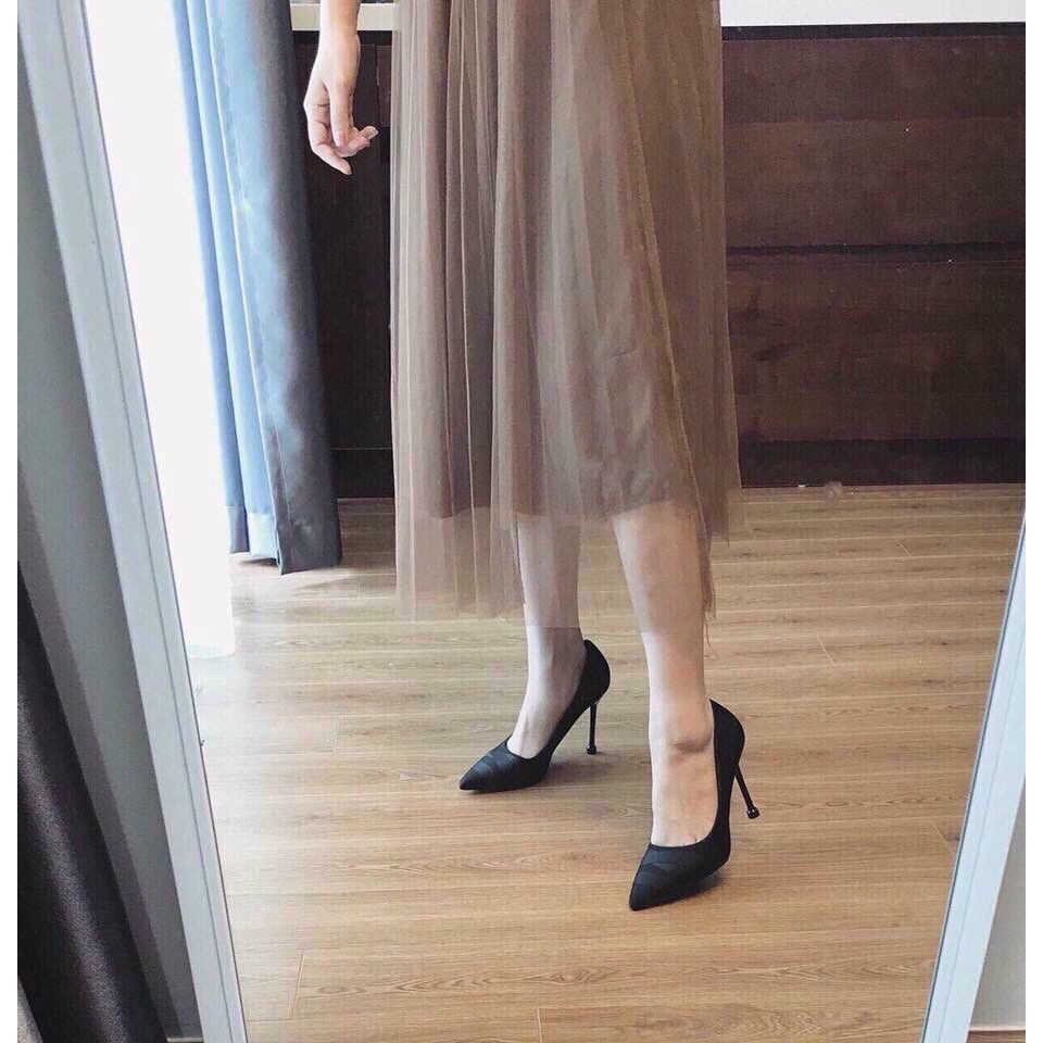 GIÀY CAO GÓT NỮ GÓT NHỌN MŨI PHỐI DÂY VẢI SATIN SANG CHẢNH H26
