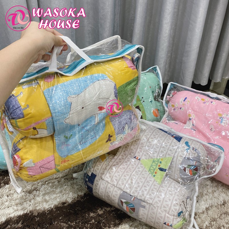 Bộ gối chặn cho bé sơ sinh vải Cotton Satin Hàn Quốc siêu đẹp, gối gòn lông vũ, mềm mát, hoạ tiết hình thú đáng yêu