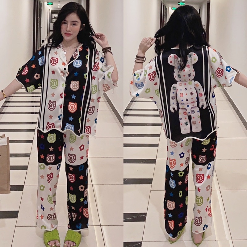 Đồ bộ pijama lượn sóng cao cấp cho nữ - Lụa Satin hàng thiết kế tay ngắn quần dài dưới 65kg sang trọng - bầu bí sau sinh