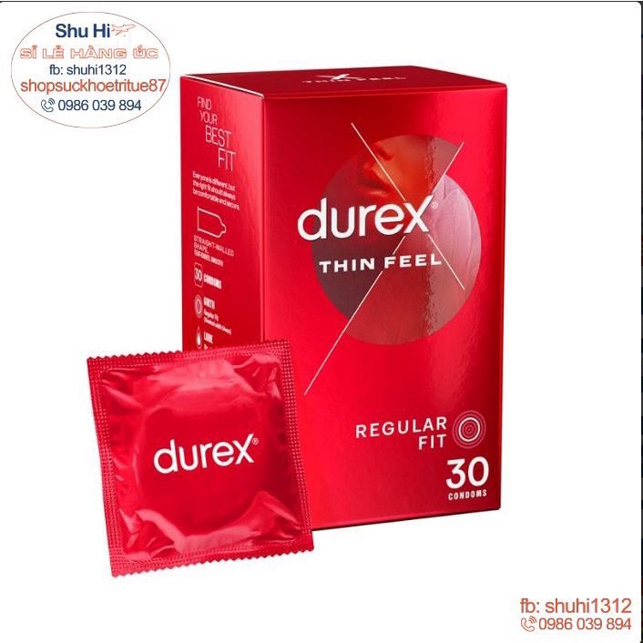 Mẫu mới, Hộp 30 chiếc bao cao su siêu mỏng kéo dài thời gian durex fetherlite ultra thin feel condoms extra sensitive úc