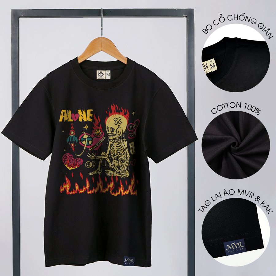 Áo thun trắng tay lỡ Đầu lâu xương cô đơn chất phong cách MVR size rộng tee Mỹ BB4080