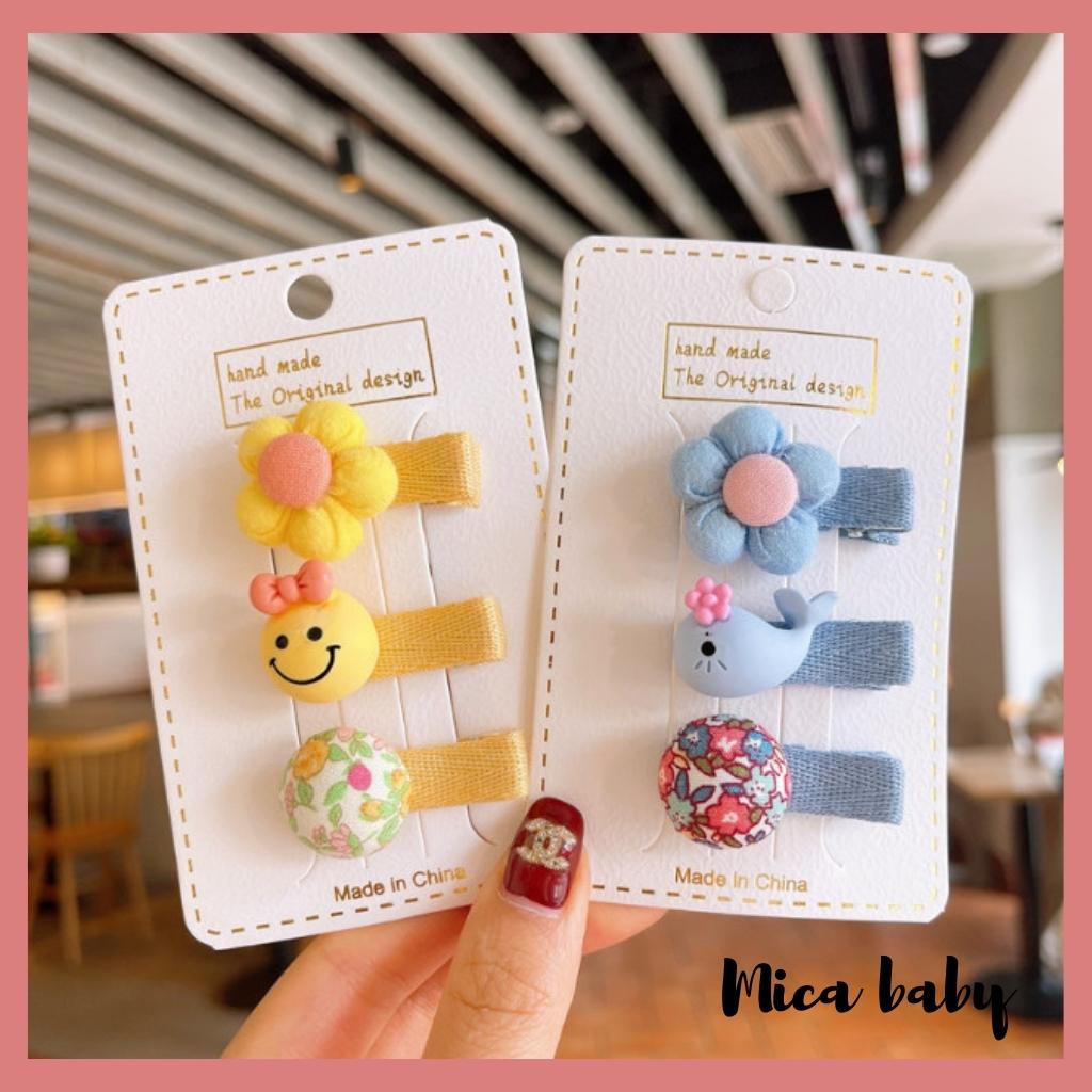 Set 3 kẹp tóc bọc vải gắn hình hoa dễ thương cho bé gái KT33 Mica Baby