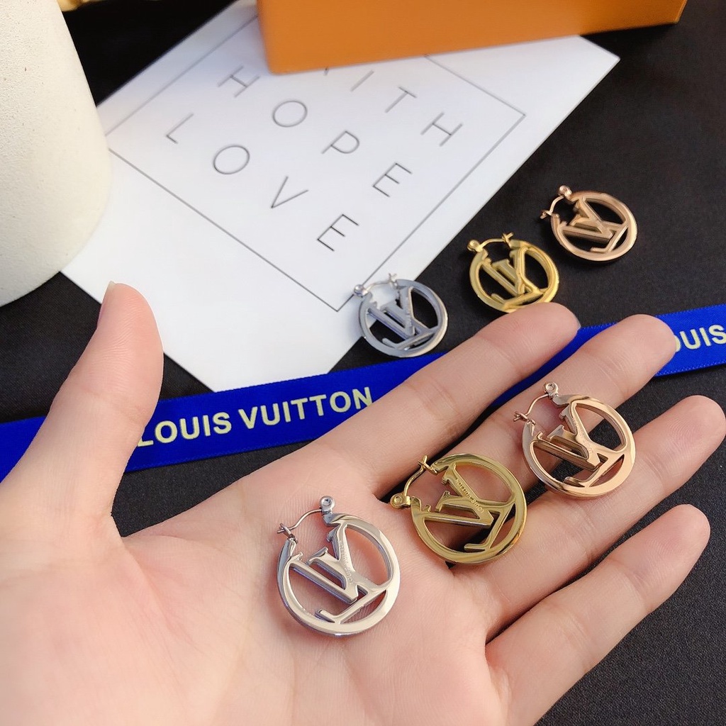 LOUIS VUITTON Khuyên Tai Tròn Bằng Thép Titan In Logo LV Thời Trang