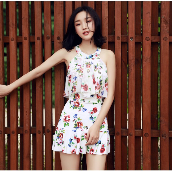 CÓ SẴN bộ đồ bơi nữ liền thân cổ yếm họa tiết hoa hồng đẹp