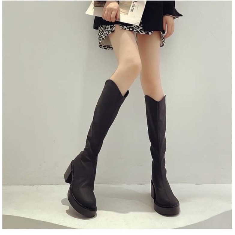 Giày boots boot bốt da lì đùi nữ cổ cao cổ thấp gót đế vuông viền lượn sóng xẻ cao bồi
