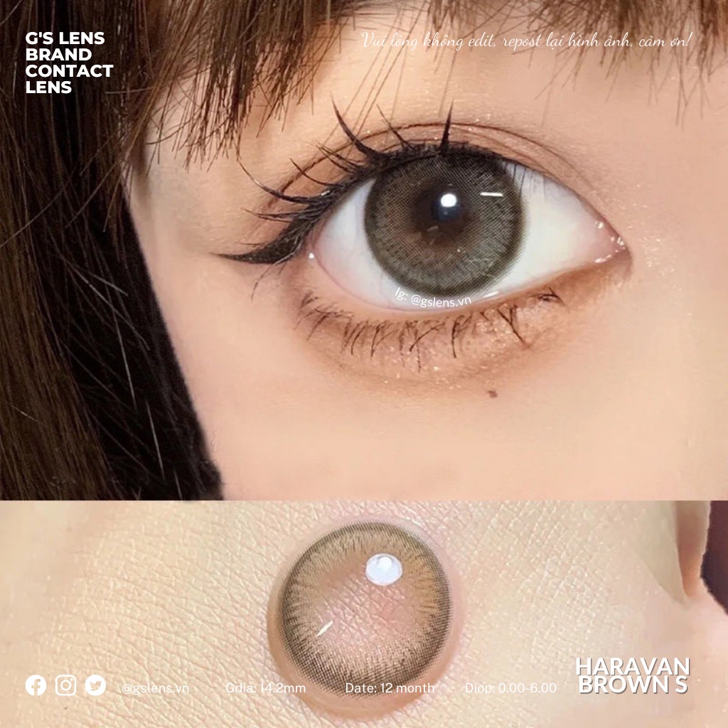 Lens Mắt Kính Áp Tròng Nâu Rêu Tự Nhiên Haravan Brown Giãn Ít Có Từ 0 Đến 7 Độ Lệch Độ Size S 14.2mm