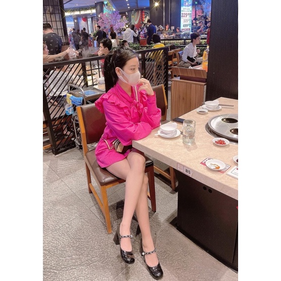 Giày hot Miumiuu tiểu thư da bóng khuy ngọc siêu yêu