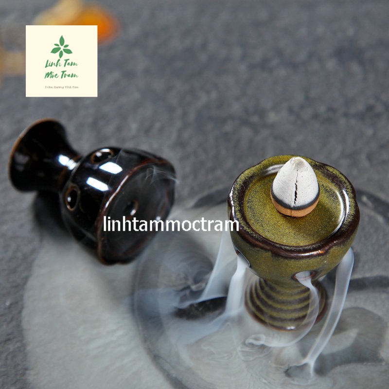 Thác khói trầm hương đế đặt nhang nụ nhang tăm gốm sứ tặng 1 nụ trầm