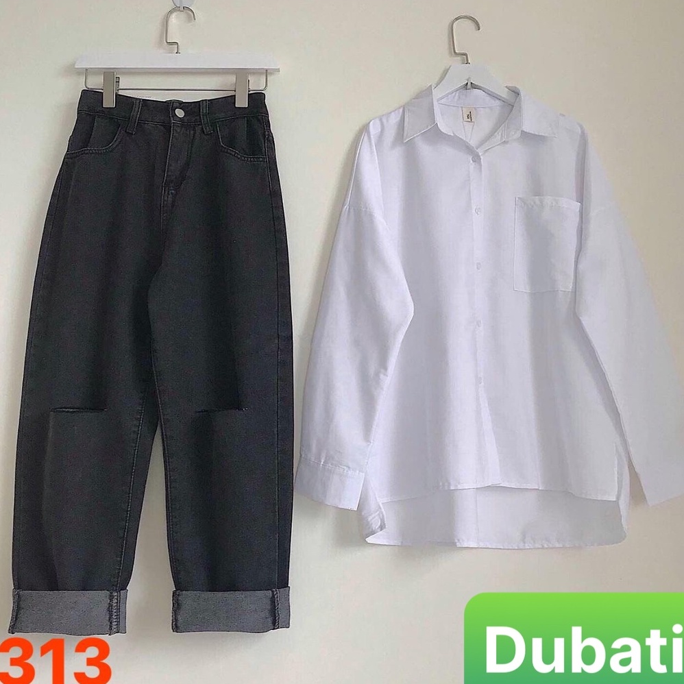 QUẦN BAGGY JEAN NỮ DÀI RỘNG LƯNG CAO NÂNG MÔNG CHẤT BÒ ĐEN RÁCH GỐI SANG CHẢNH - DB 313- DUBATI FASHION