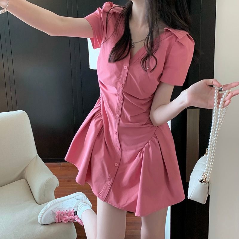 Đầm Tay Ngắn Dáng Chữ A Thiết Kế Chiết Eo Phong Cách Pháp Thời Trang Cho Nữ