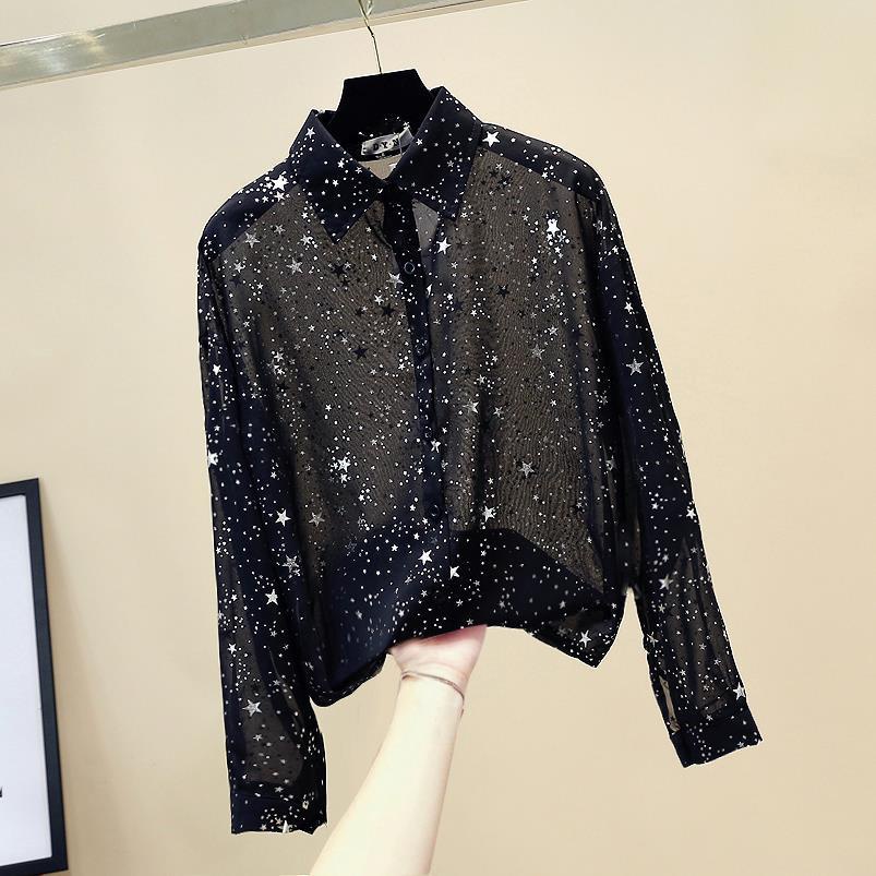 Áo Sơ Mi Chiffon Tay Dài Dáng Rộng Họa Tiết Ngôi Sao Lấp Lánh Thời Trang Mùa Hè Hàn Quốc Mới 2020
