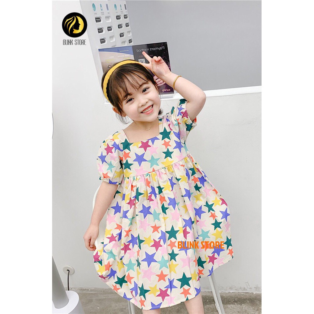 Váy bé gái mùa hè họa tiết sao tay bồng, chất liệu cotton, dáng xòe búp bê xinh yêu phong cách Hàn cho bé từ 3 đến 8t