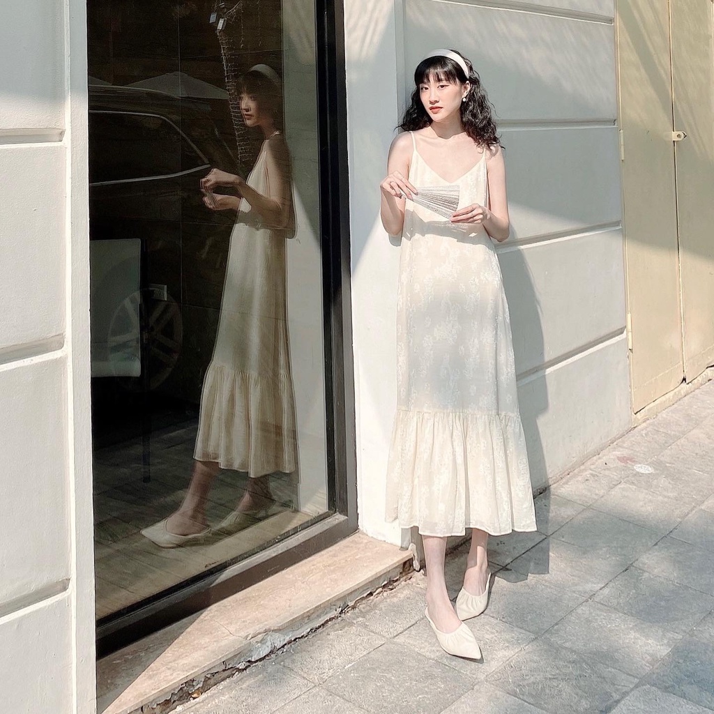 [Xéo Xọ] Đầm hoa hai dây trắng kem Keelin