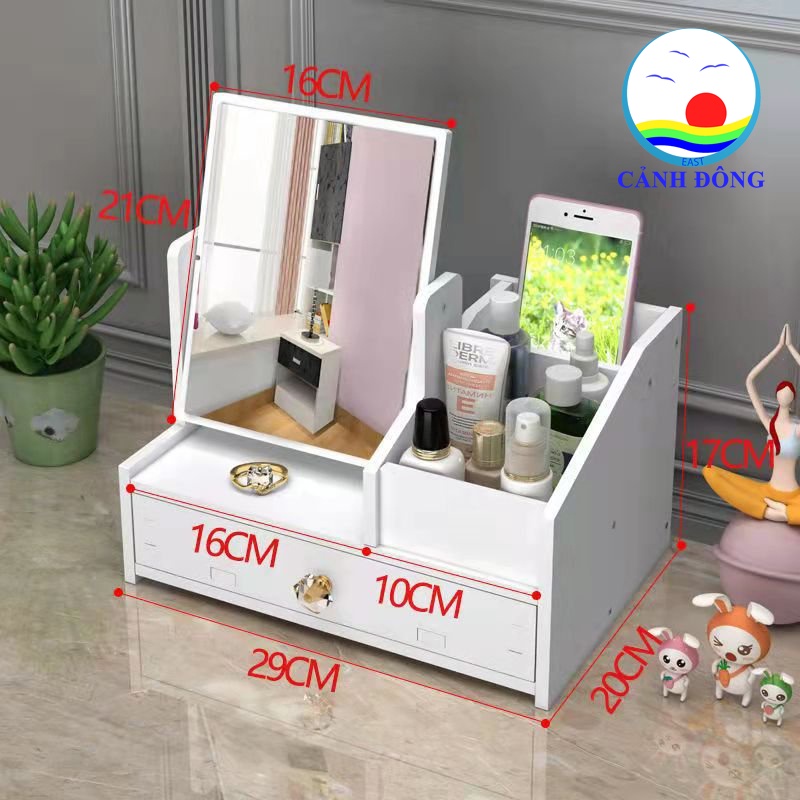 Kệ đựng mỹ phẩm gương trang điểm xoay 360 sang trọng tiện ích