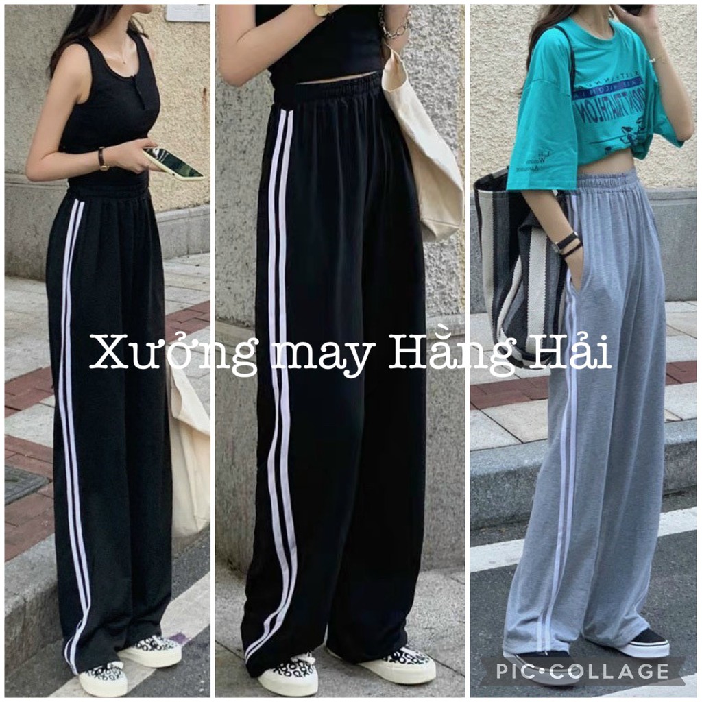 Quần ỐNG RỘNG thể thao 2 Sọc Trắng🍓 Unisex Nam Nữ Màu Đen - Kiểu quần Culottes lưng cao🍓 năng động trẻ trung