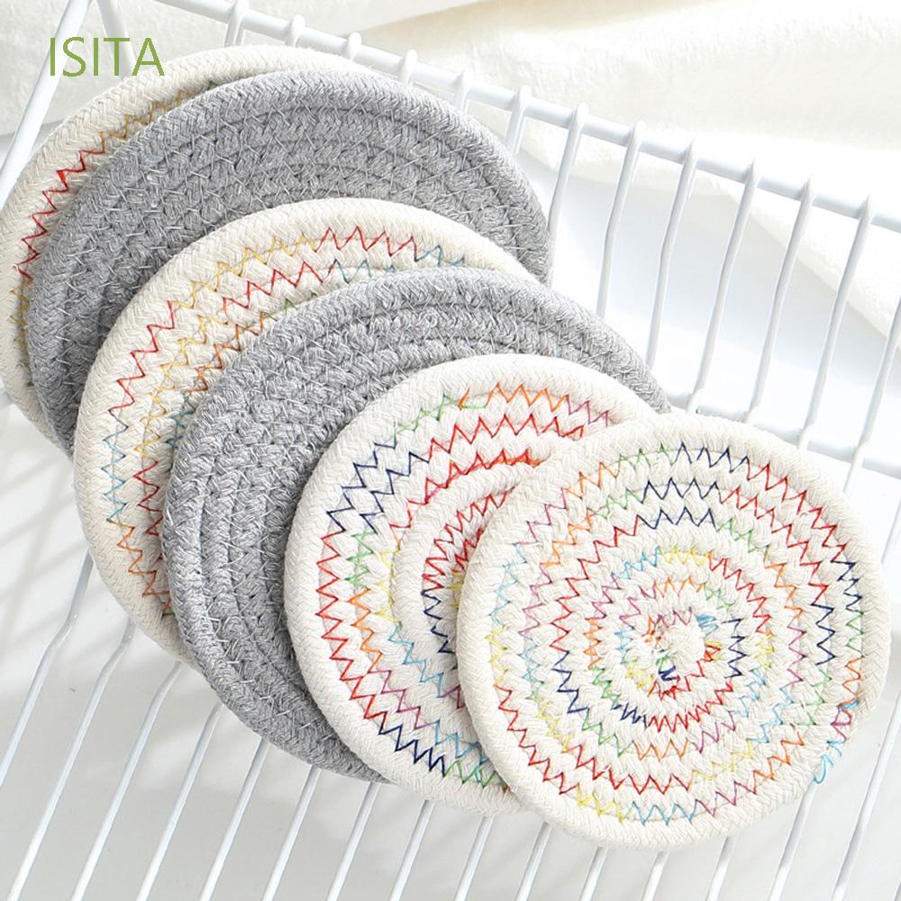 Tấm lót bàn ăn bằng cotton lanh cách nhiệt hình tròn tiện dụng cho gia đình