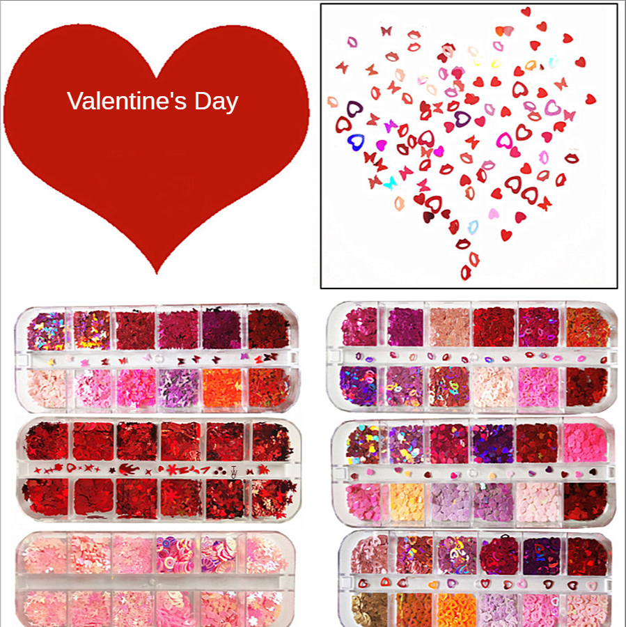 [Hàng mới về] Hộp sequin trang trí móng diy hình trái tim/con bướm kháng nước chủ đề lễ tình nhân