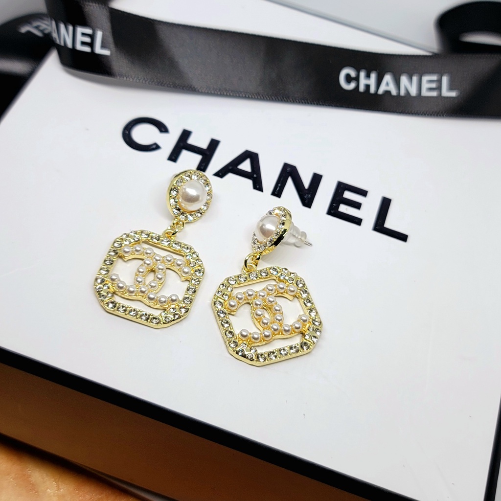 Bông tai nữ thương hiệu CC Cha.nel ngọc trai nhân tạo thả dài sang chảnh TB466