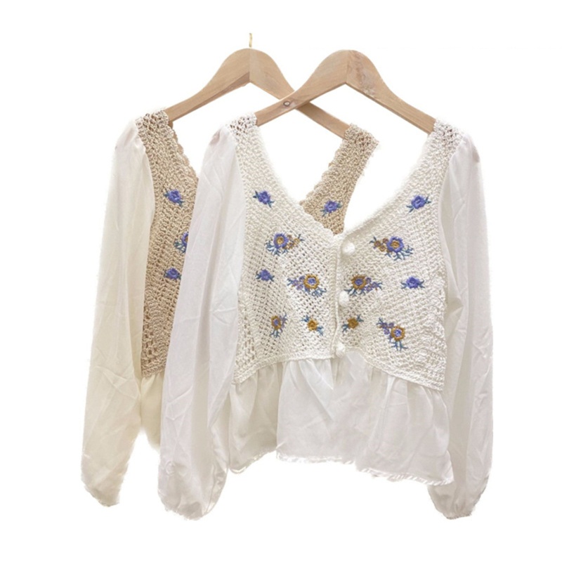 Brroa Áo Sơ Mi Tay Phồng Thêu Hoa Cài Nút Phía Trước Thời Trang Mùa Xuân Cho