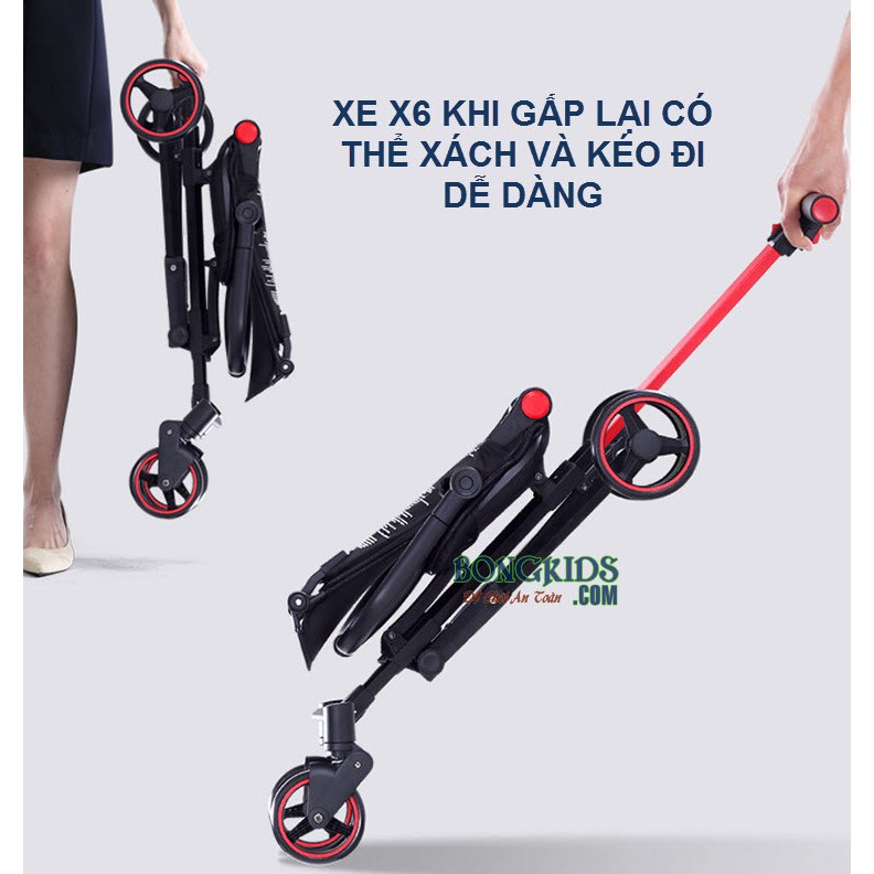 Xe đẩy thông minh cao cấp, gập gọn X6 - Ngả được, có mái che, có đệm êm cho bé  từ 6 tháng