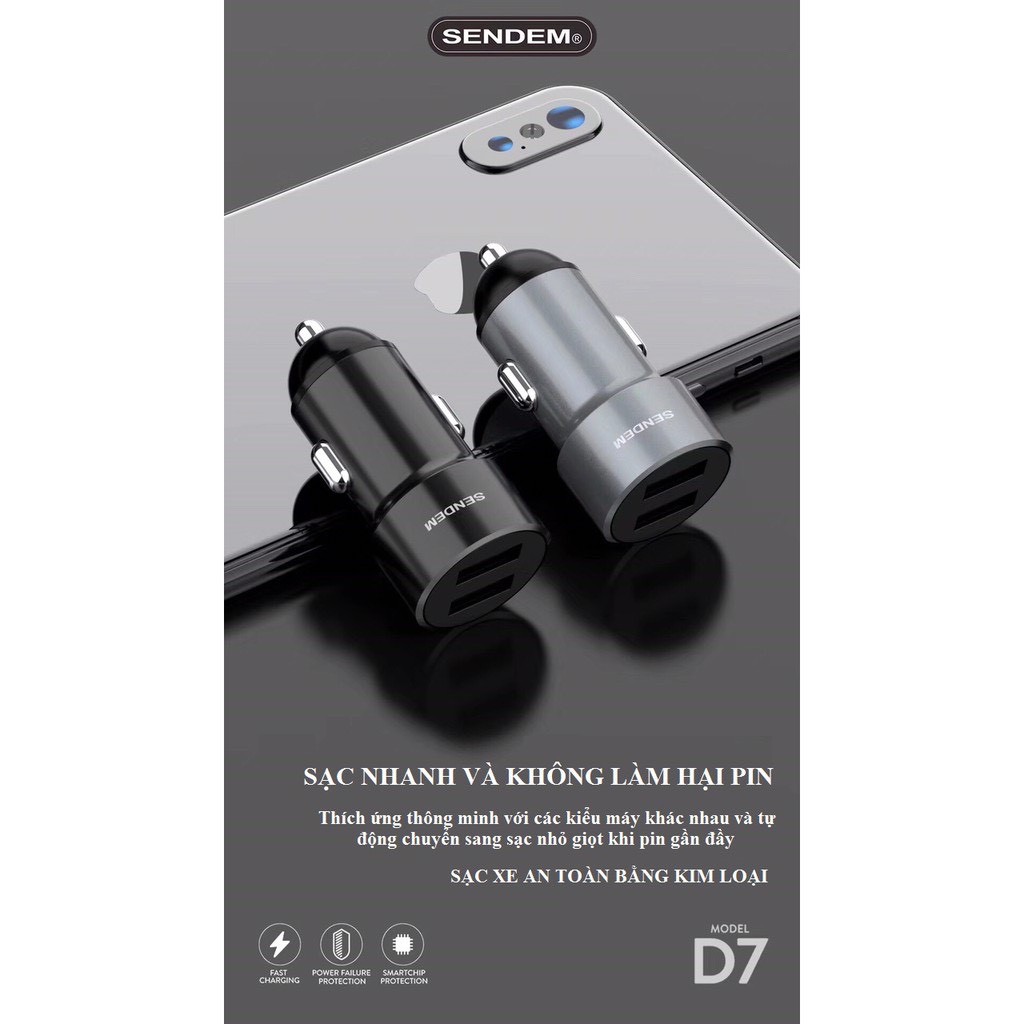 Tẩu sạc ô tô ❤️FREESHIP❤️ SENDEM D7 kim loại cao cấp 2 cổng USB sạc nhanh - Hàng CHÍNH HÃNG - Bảo hành 1 năm