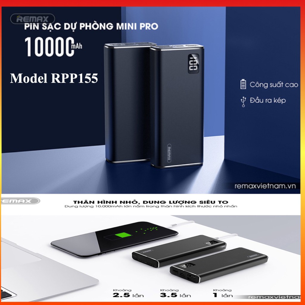 Sạc Dự Phòng 10.000mAh Mini Remax RPP-155 3 Cổng Sạc Vào, 2 Cổng Sạc Ra