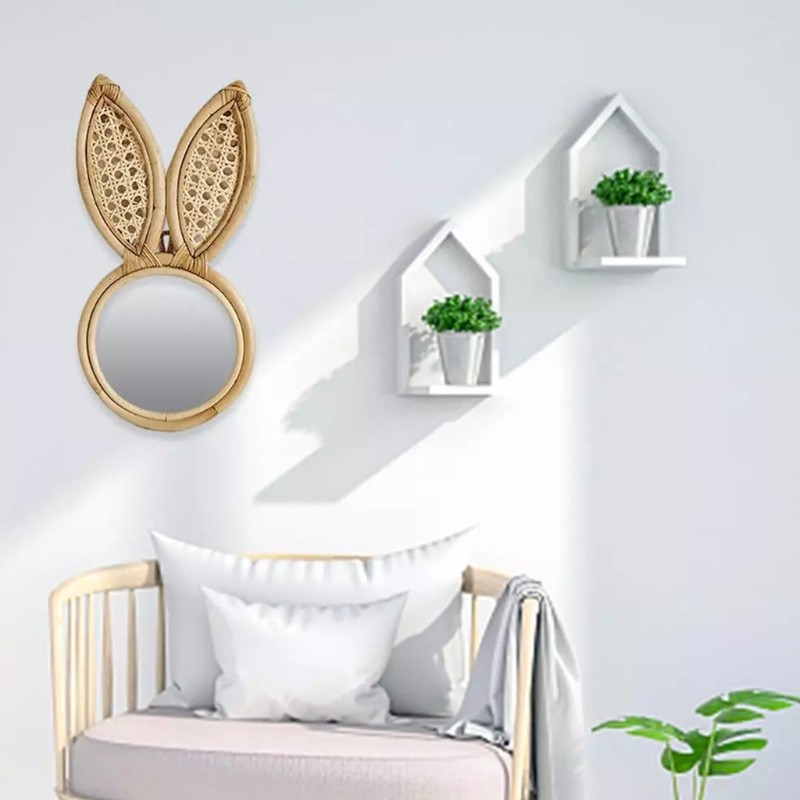 HO Wall Hanging Mirror Decorative Rabbit Ears Rattan Makeup Mirror Home Decoration