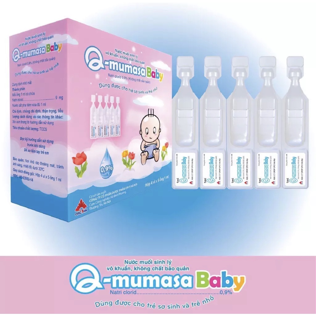 Nước muối sinh lý vô khuẩn cho bé Q-mumasa Baby nhỏ mũi cho trẻ sơ sinh và trẻ nhỏ Hộp 20 tép